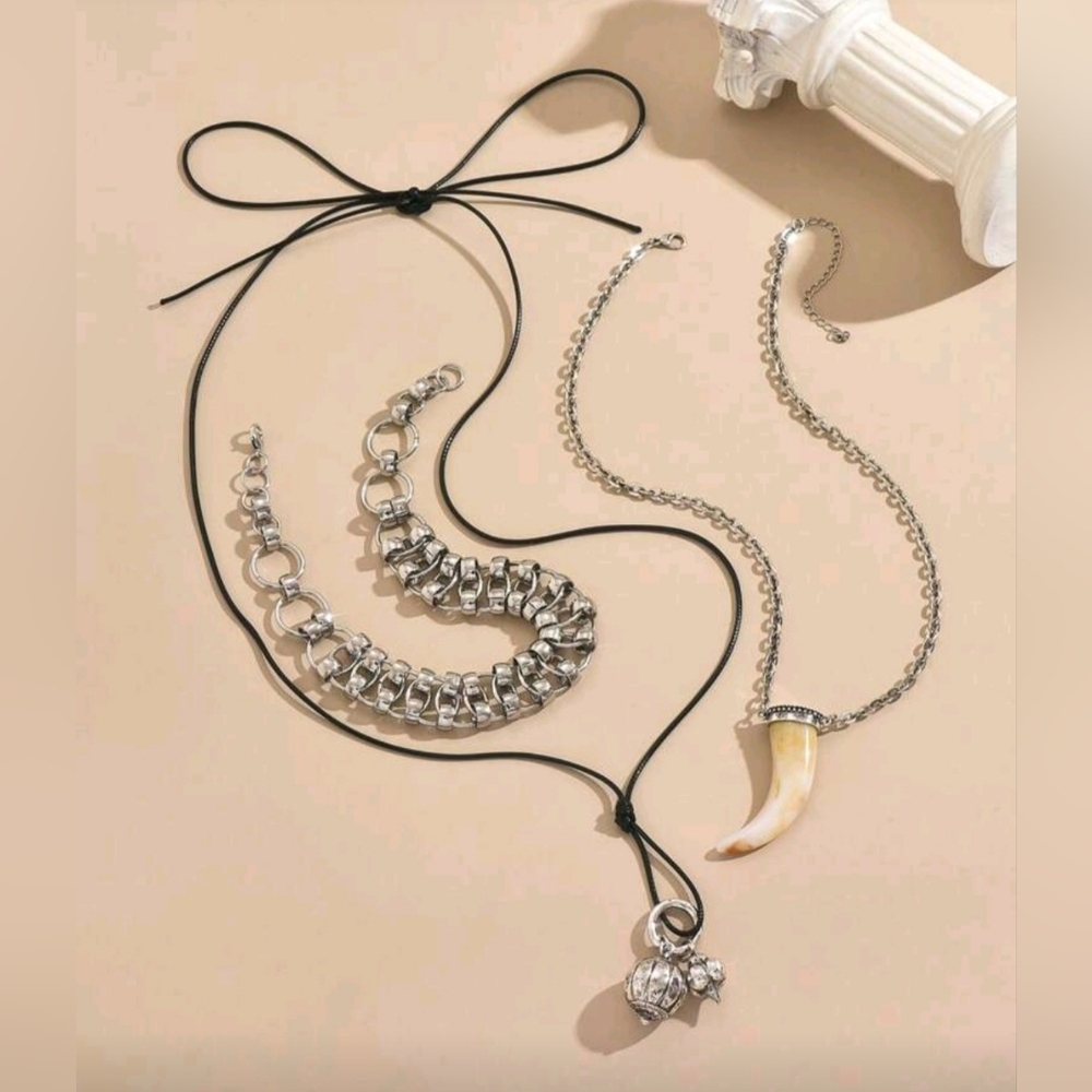 NWT Multilayer Stacked Link Choker Animal Horn & Leather Pendant Silver Necklace - Picture 11 of 15